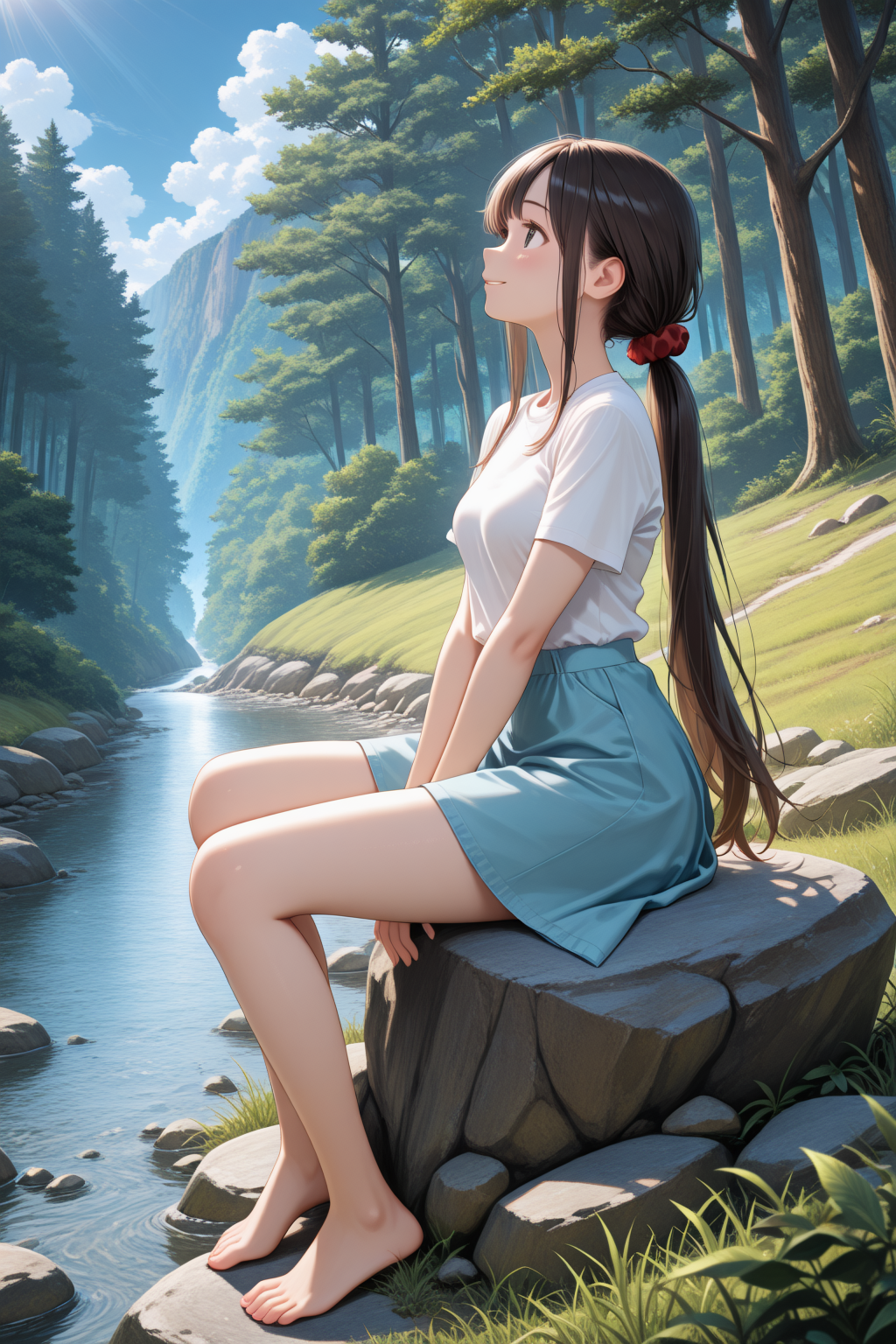 embedding:lazypos,
perfect eyes, vivid colors, vibrant colors, 1girl, solo, long hair, breasts, blush, smile, bangs, skirt, brown hair, shirt, black hair, hair ornament, brown eyes, medium breasts, sitting, very long hair, closed mouth, full body, white shirt, ponytail, short sleeves, sidelocks, small breasts, outdoors, parted lips, sky, shorts, barefoot, day, cloud, blurry, black eyes, feet, from side, tree, blue sky, blue skirt, legs, bare legs, profile, toes, arm support, leaf, looking away, sunlight, scrunchie, grass, looking up, plant, t-shirt, nature, scenery, between legs, low ponytail, hair scrunchie, forest, v arms, hand between legs, rock, shirt tucked in, bush, looking afar, river, red scrunchie, cliff, sitting on rock <lora:TrendCraft_The_Peoples_Style_Detailer-v1.0A-3_13_2025-illustrious:0.2>
