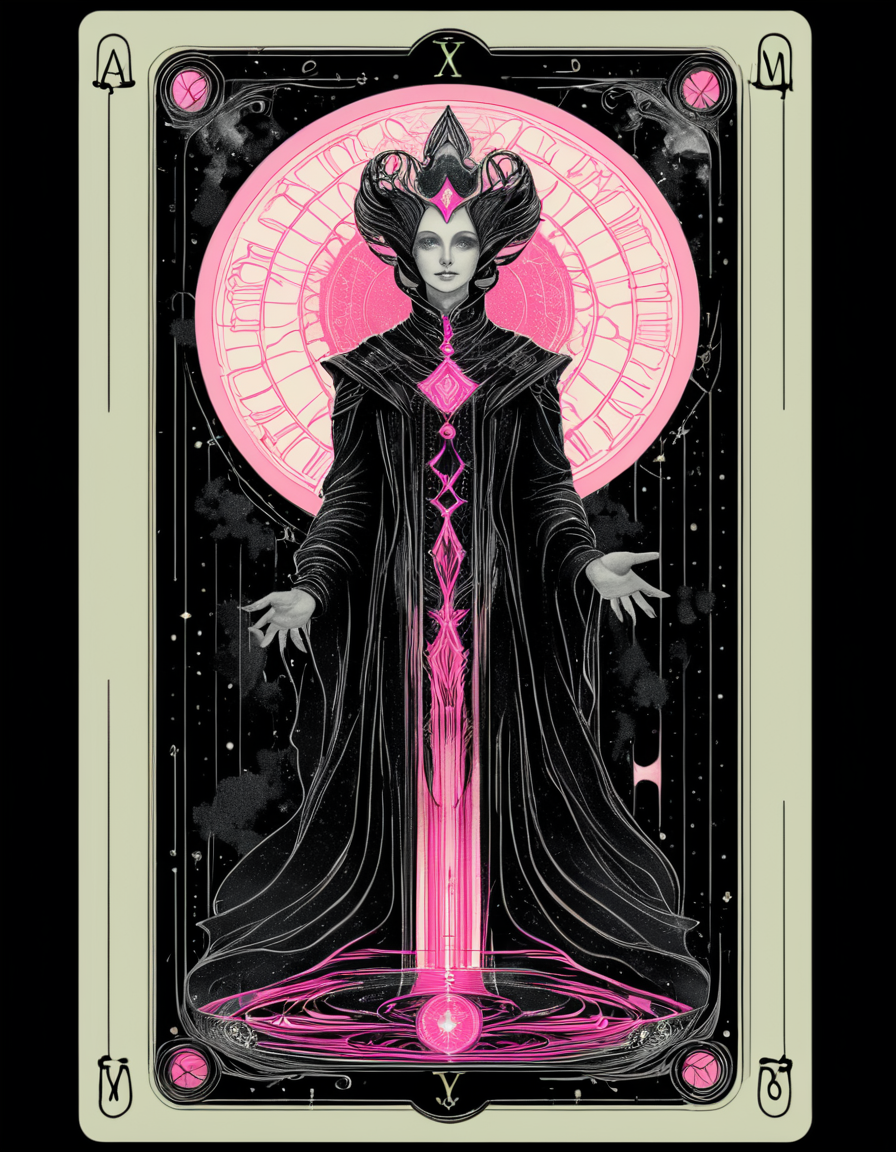 <lora:artfullyTAROT1LINE_SDXL_V1:1>,the front of an old card,tarot,tarot card,the magician,((1 line 1 color)),calligraphy,minimal,geometric,(2 colors total),lime,pink,black)) background,marker,((fine liner),masterpiece)),detailed,intricate,best quality,absurd resolution,tl4,sharp crisp ines,masterwork by artisan calligrapher,lines flow from one aspect to another,neon pink,nen liume,obsidian,ivory,vantablack,(((1 line ))) illustration,masterpiece,absurd resolution,vibrant colorstory,high contrast,holographic,