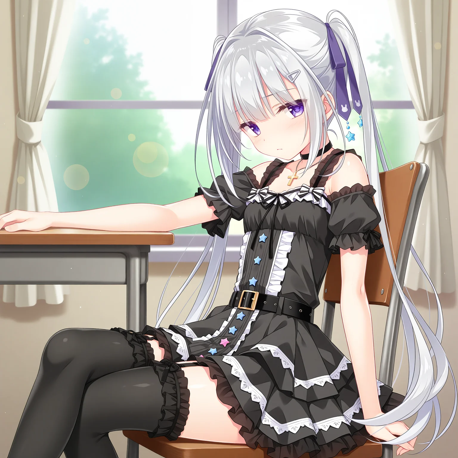 <lora:Yamabuki_Kuon_1_nai-000027:1>,Yamabuki Kuon,twintails,
hairclip,hair ribbon,purple ribbon,star ornament,frilled thighhighs,black thighhighs,garter straps,black dress,frilled dress,white frills,black ribbon,dress ribbon,star button,short sleeves,off-shoulder dress,frilled sleeves,black straps,frilled straps,black frills,black choker,cross necklace,dress bow,black belt,belt buckle,layered dress,
BREAK
1girl,solo,looking at viewer,sitting,from side,arm support,on chair,desk,indoors,window,curtains,day,arm on table,depth of field,lens_flare,disdain,bored,