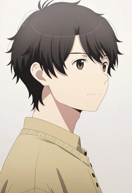 high resolution, solo, best quality, 1Boy, Inaho Kaizuka, Black Hair, Brown Eyes, potrait, dark shirt, looking at viewer, focused gaze forward, simple background, straight body, upper body, head upright, happiness, OverallDetail