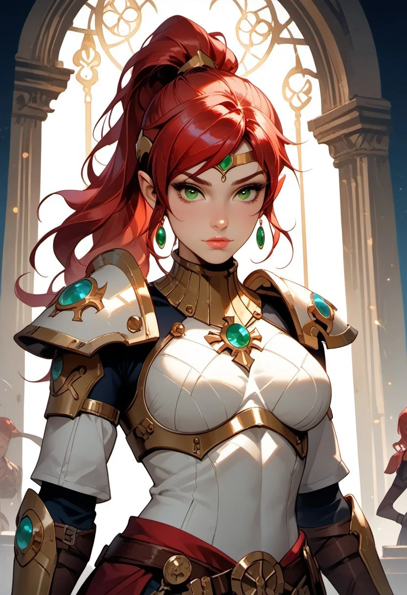 Stable_Yogis_PDXL_Positives, (score_9, score_8_up, score_7_up), ((zPDXL3)), ((zPDXLxxx)), ((face focus, eye focus, dynamic angle, motion)), 1girl, solo, fantasy, (pyrrha nikos, red hair, green eyes), (eldar, armor), (Aeldari armor, streamlined armor, full body armor, power armor), red hair, ponytail, pointed ears, breathless intimacy, tanned skin, petite model bombshell, heart, young, delicate features, narrow pointy nose, tiny nose, lust, big eyes, seductive eyes, detailed skin, flared lashes, mascara, makeup, perky huge breasts, athletic body, narrow waist, skinny hips,
warm light, detailed, neon dark party
BREAK
milky way, runes, arcane, astral, surreal, ethereal glow, masterpiece, best quality, intricate design. colorful, moonlit nightsky, stained glass aesthetic, moody whimsical color palette, murano glass, bold soldering lines, volumetric light shining through, crepuscular rays, intricate craftsmanship, detailed texture, luminous transparency, reflective light play, vivid hues, atmospheric depth, enchanting silhouette, art nouveau,