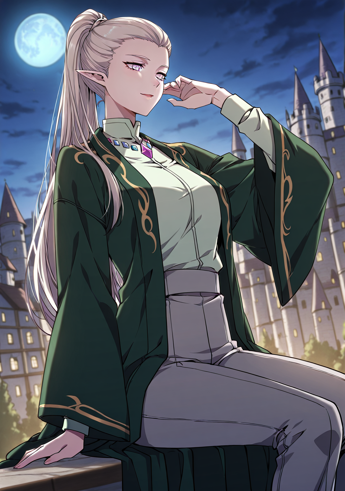 <lora:Alanis_Emeria__The_Beginning_After_the_End__Illustrious:1>
Alanis_Emeria_green_uniform_elf_gems, 1girl, solo, long white hair, ponytail, pointed ears, elf, pale skin, violet eyes, narrow eyes, green jacket, loose jacket, gold trim, wide sleeves, light green high-collar shirt, gemstone collar, purple gem, blue gem, gray pants, formal outfit, fantasy uniform
score_9, score_8_up, score_7_up, very aesthetic, source_anime, detailed, high quality, beautiful, masterpiece, detailed eyes, castle, village, blurry background, cityscape, pose dynamic angle, light smile, open mouth, hand on hair, sitting, night, blue moon