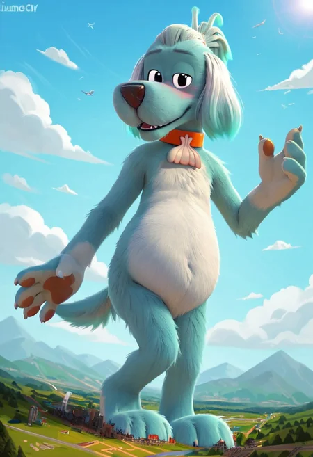 score_9, score_8_up, score_7_up, score_6_up, solo focus, 1male, larger body, (Fetcher, Go Dog Go), orange collar, (teal fur, white belly)), white seashell shaped tag, collar, tail, ((anthro, anthro dog, dog body)), (black eyes), Perfect paws, 1male, (source_furry), full body, ponytail with white roots, solo, anthro, detailed fur, slightly chubby, detailed eyes, massive butt, low angle view, ((macro)), ((giantess)), outdoors, ((sunshine)), ((sunny day)), ((bright light)), in the city, (shrunken city :1.3), (shrunken cityscape:1.2), micro cityscape, full detailed city, destruction, mass destruction, full body, perfect face, focus on furry, smile, blushing, (sexy perfect face), looking at viewer, highly detailed, Expressiveh, perfect eyes, barefeet, big feet, landscape, masturbation, orgasm face, blue sky, daytime, standing, walking