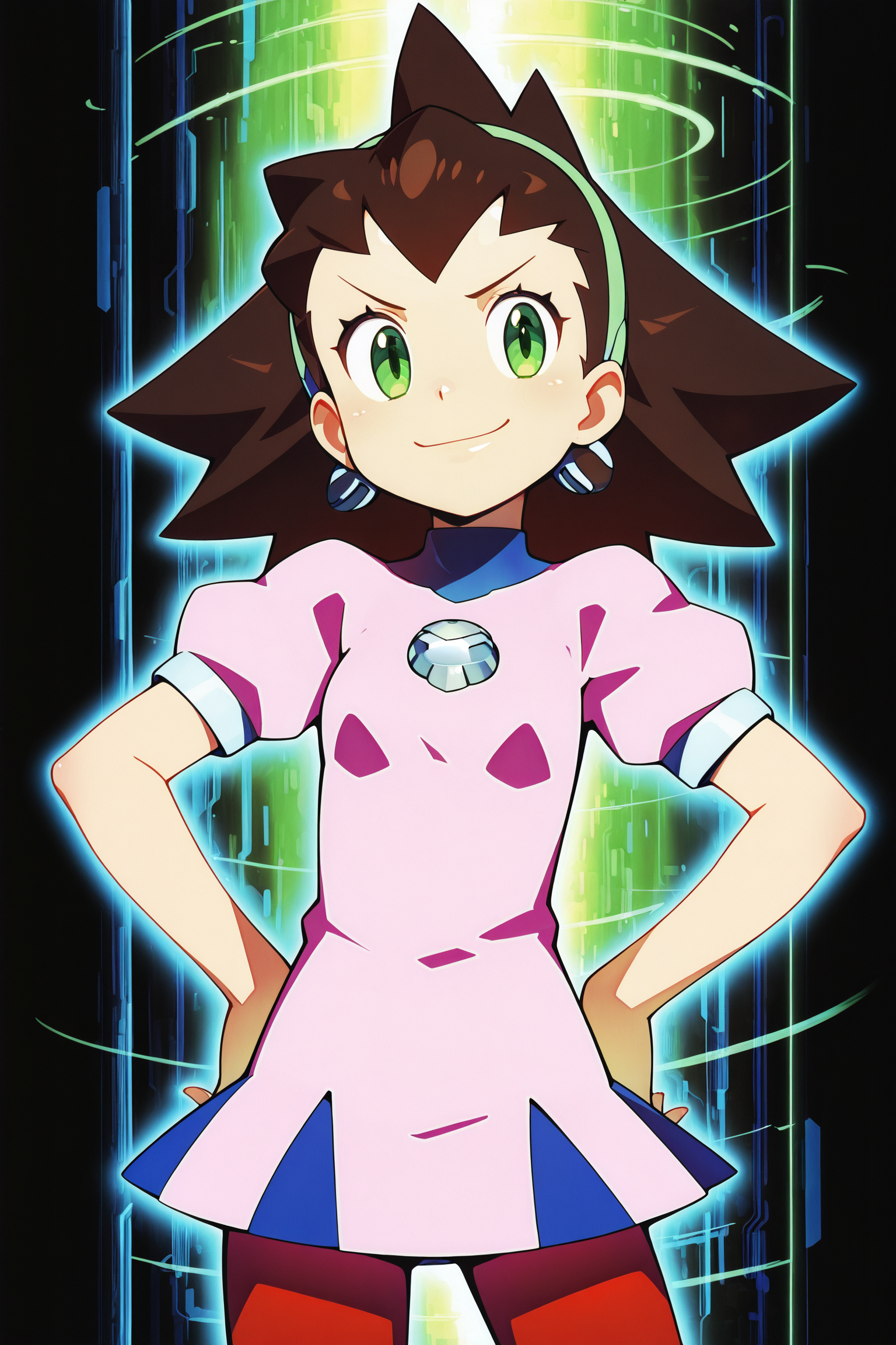 <lora:Shinsuke_Komaki_artist_style:1>
1girl, solo, tron_bonne_(mega_man), mega_man, brown hair, green eyes, cowboy shot, smug smile, hands on hips