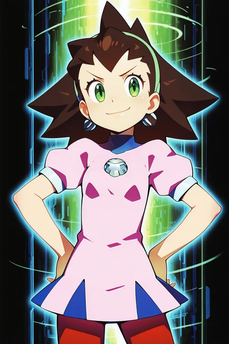 <lora:Shinsuke_Komaki_artist_style:1>
1girl, solo, tron_bonne_(mega_man), mega_man, brown hair, green eyes, cowboy shot, smug smile, hands on hips