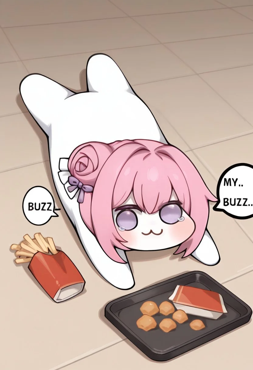masterpiece,best quality,ultra high res,
1girl,
apu spills his tendies (meme), looking at viewer, blush, lying, food, on stomach, tray, tearing up, french fries, tripping, fallen down,
doro, :3, chibi, no pupils, solid circle eyes, full body, white skin, all fours, dorothy \(nikke\), pink hair, purple eyes, single side bun, hair bow, purple ribbon,speech bubble