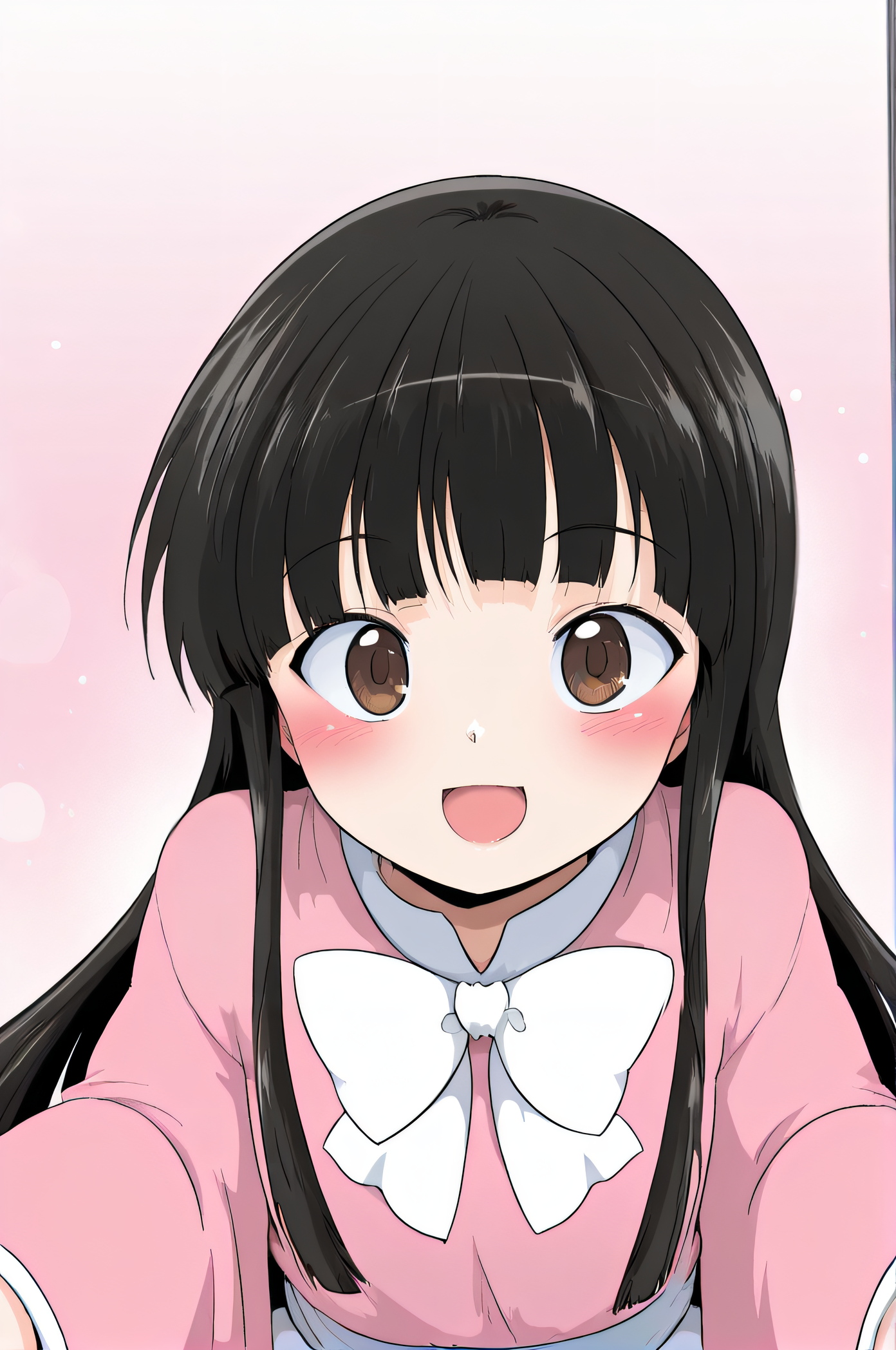 masterpiece, best quality, 1girl, solo, original artstyle, official artstyle, <lora:MikazukiNeko:1>, mikazukineko, long black hair, open mouth, white bowtie, wide sleeves, pink shirt, smile, brown eyes, blush, hime cut, long sleeves, upper body, looking at viewer