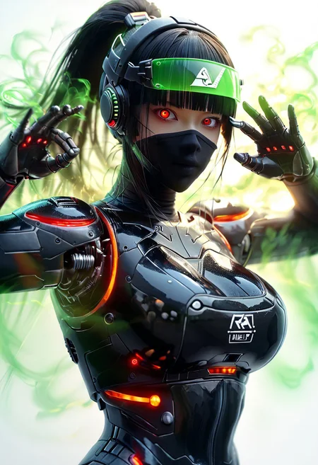 score_9, score_8_up, white background, looking at viewer,
1girl, robot girl, mechanical girl, translucent skin, black body, beautiful smooth skin, chromic light, black hair, long hair, android girl, human looking android, head mounted display, head visor, transparent visor,
large breasts, curvy, cowboy shot, beautiful eyes, black headband, green head accessories, random pose, blunt bangs, hime-cut, black carbon fiber, korean facial features, neon lights, ponytail, red eyes, ninja mask, sidelocks, face mask, female robot ninja,
auralora, green aura, colorful, glowing, IrradiateMorph