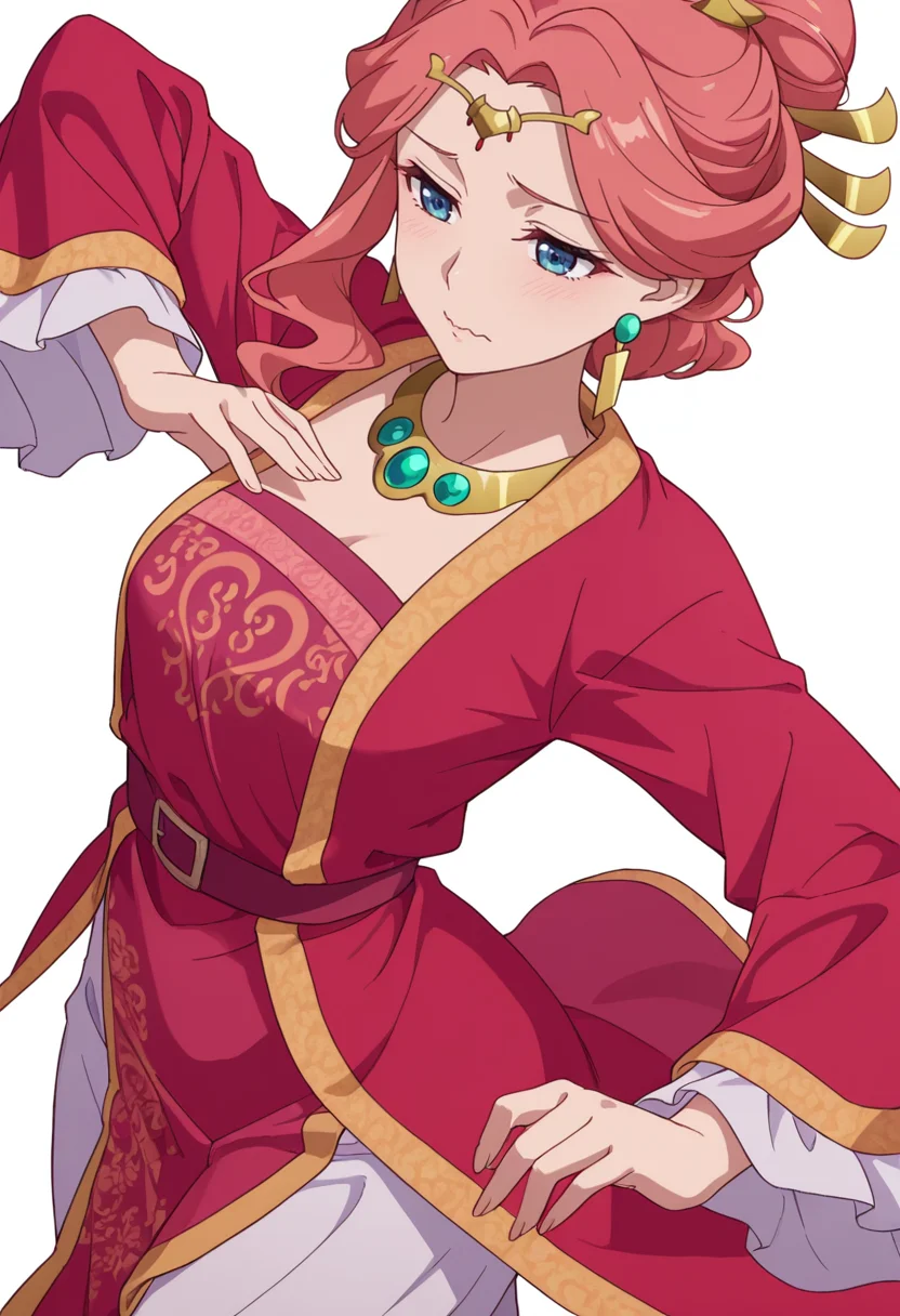 Smooth Quality,masterpiece,very intricate, high quality details, ultra realistic, high detailed skin,detailed enviorement,absurdres,
simple background, white background,solo,
dynamic angle,wavy mouth,dancing, 
<lora:Gyokuyou_CNR:0.8> gyokuyou_cnr, 1girl, red hair, pink hair, blue eyes, long hair,chinese clothes, dress, long sleeves, wide sleeves,earrings, necklace, jewelry