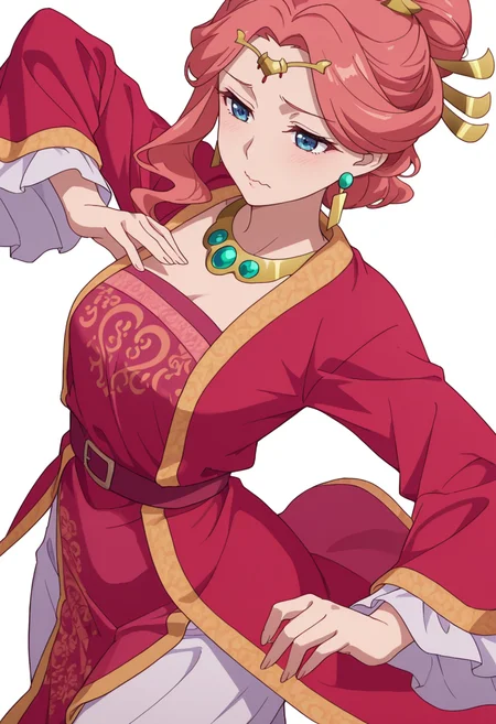 Smooth Quality,masterpiece,very intricate, high quality details, ultra realistic, high detailed skin,detailed enviorement,absurdres,
simple background, white background,solo,
dynamic angle,wavy mouth,dancing,
<lora:Gyokuyou_CNR:0.8> gyokuyou_cnr, 1girl, red hair, pink hair, blue eyes, long hair,chinese clothes, dress, long sleeves, wide sleeves,earrings, necklace, jewelry