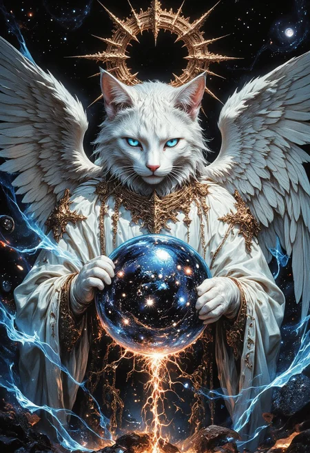 A majestic white cat with blue eyes, angel wings and a golden halo. In his paws is a sphere filled with stars and space. The background is a black sky with shining rays, smoothly transitioning into mystical streams of energy. Neo-baroque style with sharp graphic lines, highly detailed wool and fantastic atmosphere