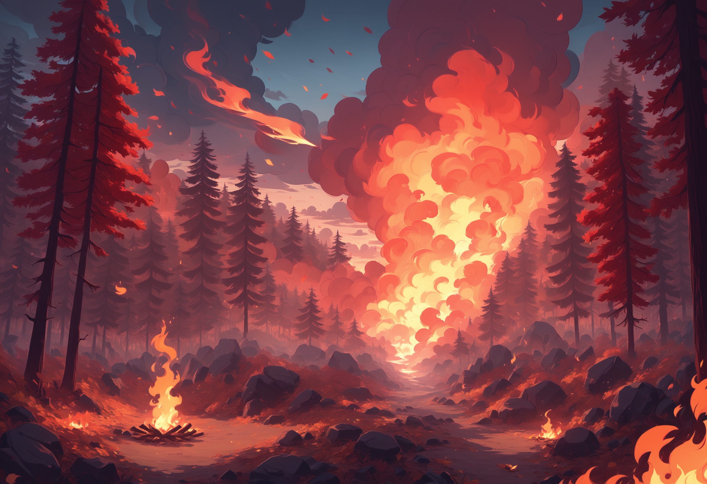 f1r3elemental style, scenery, tree, no humans, sky, outdoors, phoenix, cloud, autumn leaves, nature, cloudy sky, fire, leaf, forest fire, flames, smoke, embers, made of fire, on fire,  zPDXL , <lora:END-Fire_Elemental_Style:0.8>