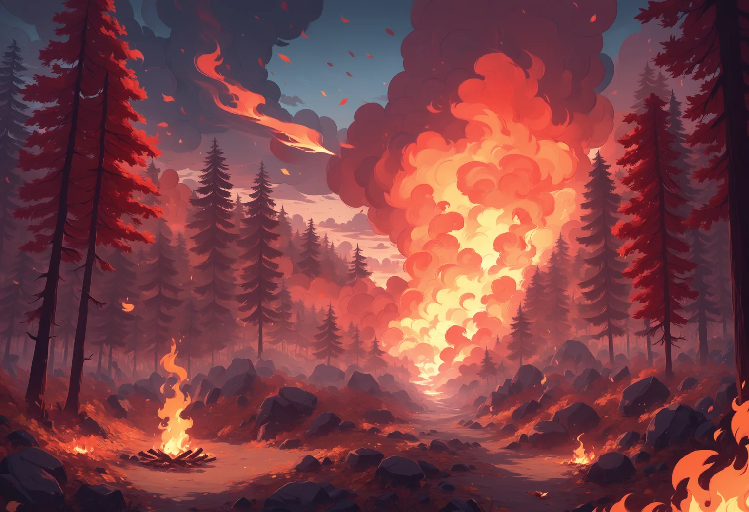 f1r3elemental style, scenery, tree, no humans, sky, outdoors, phoenix, cloud, autumn leaves, nature, cloudy sky, fire, leaf, forest fire, flames, smoke, embers, made of fire, on fire, zPDXL , <lora:END-Fire_Elemental_Style:0.8>
