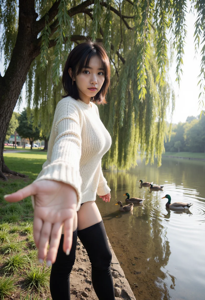 A hyper realistic photo of a girl with large breasts, wide hips and large ass. She is dressed in an oversized knit sweater, thigh-high boots, and no additional bottoms. A peaceful riverbank with tall weeping willows dipping their branches into the water. Ducks paddle by lazily, and the dappled sunlight creates rippling patterns on the surface. The camera angle is a low-angle shot with a 50mm lens, creating a heroic and imposing look for the subject. The camera is positioned close to her hand, capturing the moment she reaches out while the rest of her figure blurs into the background.