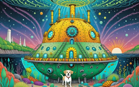 <lora:Projext_X2:0.9>acid-art, trippy, color line art,<lora:ZIP_SDXL:1>,Dog, (designed by Lucy Grossmith:0.7) and (James Wilson Morrice:1.2) , children's illustration art, landscape of a Ghastly (Junon Underwater Reactor:1.1) , Interplanetary dust background, at Twilight, Naive Art, 50mm, cinematic perfect intricate stunning fine detail, full color, sharp focus, complimentary colors, lush, located artistic