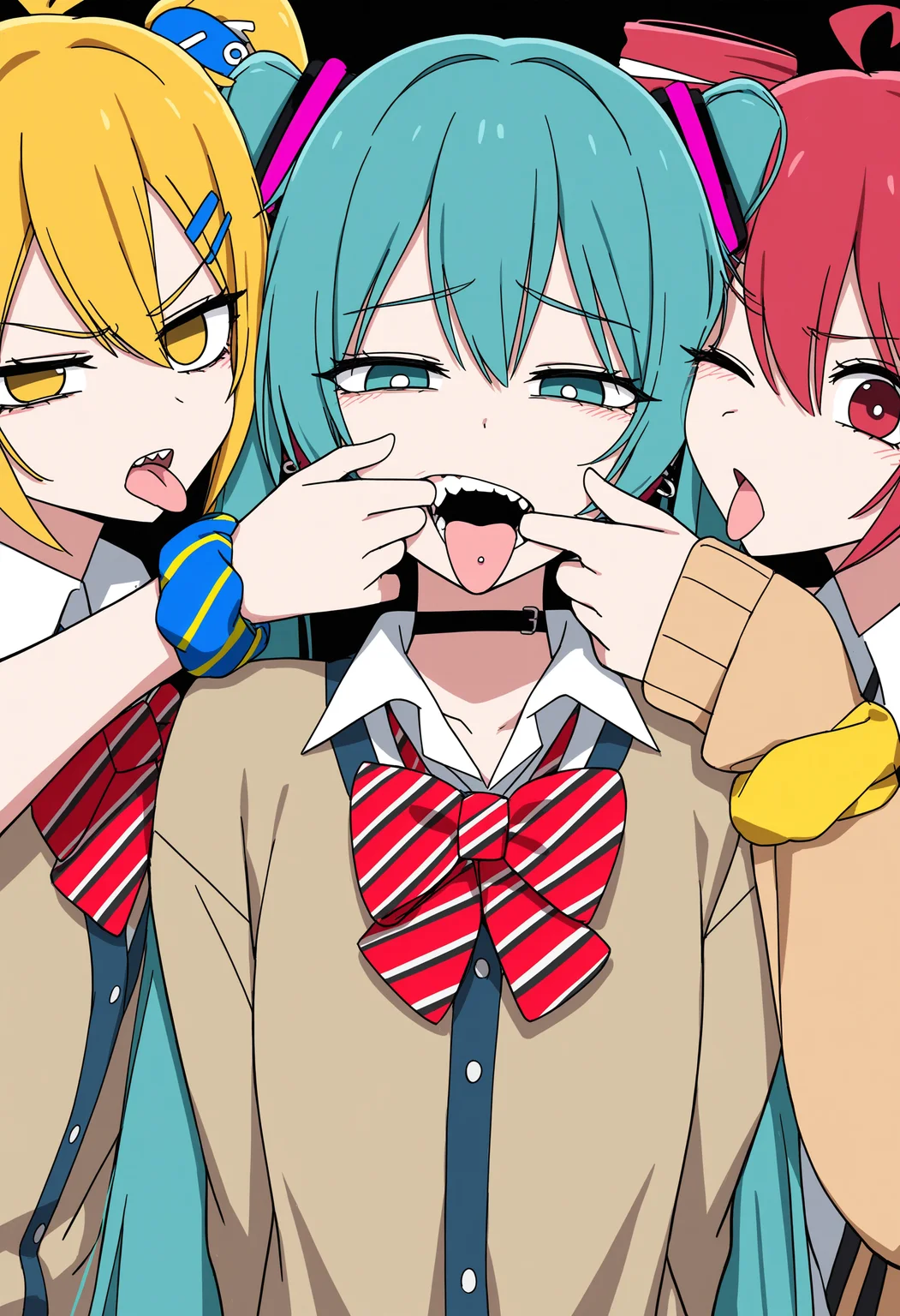 multiple girls, 3girls, kasane teto, hatsune miku, akita neru,
channelstyle, side ponytail, drill hair, shirt, wrist scrunchie, scrunchie, blonde hair, tongue out, white shirt, tongue, bow, twin drills, red hair, one eye closed, choker, yellow scrunchie, bowtie, collared shirt, hair ornament, blue eyes, black choker, yellow eyes, red eyes, twintails, red bow, white pupils, long hair, aqua hair, hairclip, bright pupils, red bowtie, looking at viewer, striped bowtie, finger to mouth, cardigan, mouth pull, brown cardigan, school uniform, finger in own mouth, striped bow, furrowed brow, teeth, aqua eyes, striped clothes, ahoge, open mouth, hands on another's face, upper body, half-closed eyes, piercing, blush, ear piercing, simple background
channel \(caststation\) \(cosplay\), cosplay,
masterpiece, best quality
<lora:ChannelStyle-RASF-000100:1>