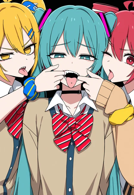 multiple girls, 3girls, kasane teto, hatsune miku, akita neru,
channelstyle, side ponytail, drill hair, shirt, wrist scrunchie, scrunchie, blonde hair, tongue out, white shirt, tongue, bow, twin drills, red hair, one eye closed, choker, yellow scrunchie, bowtie, collared shirt, hair ornament, blue eyes, black choker, yellow eyes, red eyes, twintails, red bow, white pupils, long hair, aqua hair, hairclip, bright pupils, red bowtie, looking at viewer, striped bowtie, finger to mouth, cardigan, mouth pull, brown cardigan, school uniform, finger in own mouth, striped bow, furrowed brow, teeth, aqua eyes, striped clothes, ahoge, open mouth, hands on another's face, upper body, half-closed eyes, piercing, blush, ear piercing, simple background
channel \(caststation\) \(cosplay\), cosplay,
masterpiece, best quality
<lora:ChannelStyle-RASF-000100:1>