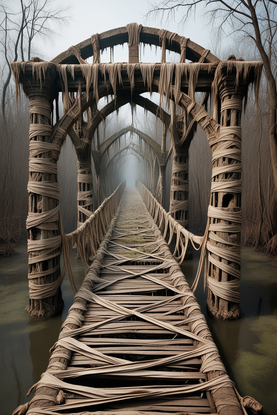 photo of a mummified gothic bridge, swamp, masterpiece  <lora:mummified_sdxl:0.8>