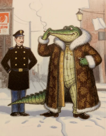 <lora:suteev:1>, Digital painting of a smug, anthropomorphic crocodile dressed in an opulent fur coat with intricate embroidery and golden trim, strutting confidently down a snow-covered street in revolutionary Petrograd. His scales gleam under the pale winter light as he puffs on a thick cigar, a thin spiral of smoke curling upward. A tsarist policeman (gorodovoy) in a dark blue uniform with shiny buttons and a bushy mustache stands stiffly at attention, saluting with nervous deference. Beside him, a rough revolutionary sailor in a striped shirt and tattered cap snaps a half-mocking, half-impressed salute, his eyes wide with amusement., The scene is richly detailed yet cleanly stylizedâno shadows, no extra limbs, and crisp, vibrant colors. The cobblestone street is dusted with snow, faint tram tracks visible beneath, while vintage lampposts cast a soft glow. In the background, faded propaganda posters (e.g., 'Ðолой ÑаÑÑ!') peel off brick walls, and distant silhouettes of 1917 Petrograd buildings complete the setting. The atmosphere is playful and slightly absurd, blending historical satire with classic childrenâs book charm. The crocodileâs smug grin, the policemanâs uneasy posture, and the sailorâs rebellious smirk are all exaggerated for comedic effect, keeping the composition lively and engaging