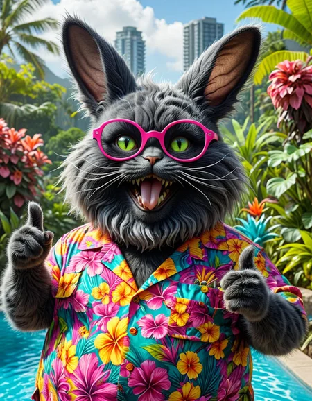 hyperrealistic art breathtaking helios,psy,Big lebowsky film Style photography, Closeup, thumb-up, a fluffy obese black Cheshire Cat in vibrant colorful hawaiian shirt wearing a hr giger inspired bunny-mask, glasses, smokey Haze, cool, flamboyant, Pool and 70s Garden in background, thumb up pose,
very detailed, hd, RAW photograph, masterpiece, top quality, best quality, official art,highest detailed, atmospheric lighting, cinematic composition, high quality , (8k, RAW photo, highest quality),
<lora:helios2:1> . award-winning, professional, highly detailed . extremely high-resolution details, photographic, realism pushed to extreme, fine texture, incredibly lifelike