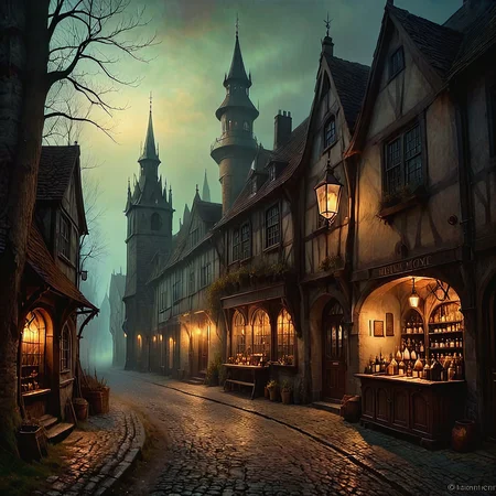 An old apothecary's workshop, selling potions, on a meandering cobblestone street. A spire rising at the end of the street.

Dusty. Musty.

Fantasy style. Fantasy dreamlike art. 

Atmospheric, rustic, moody, misty.

<lora:Tonalism01b_CE_XL_300-OT:0.7> tnlsmCE_style