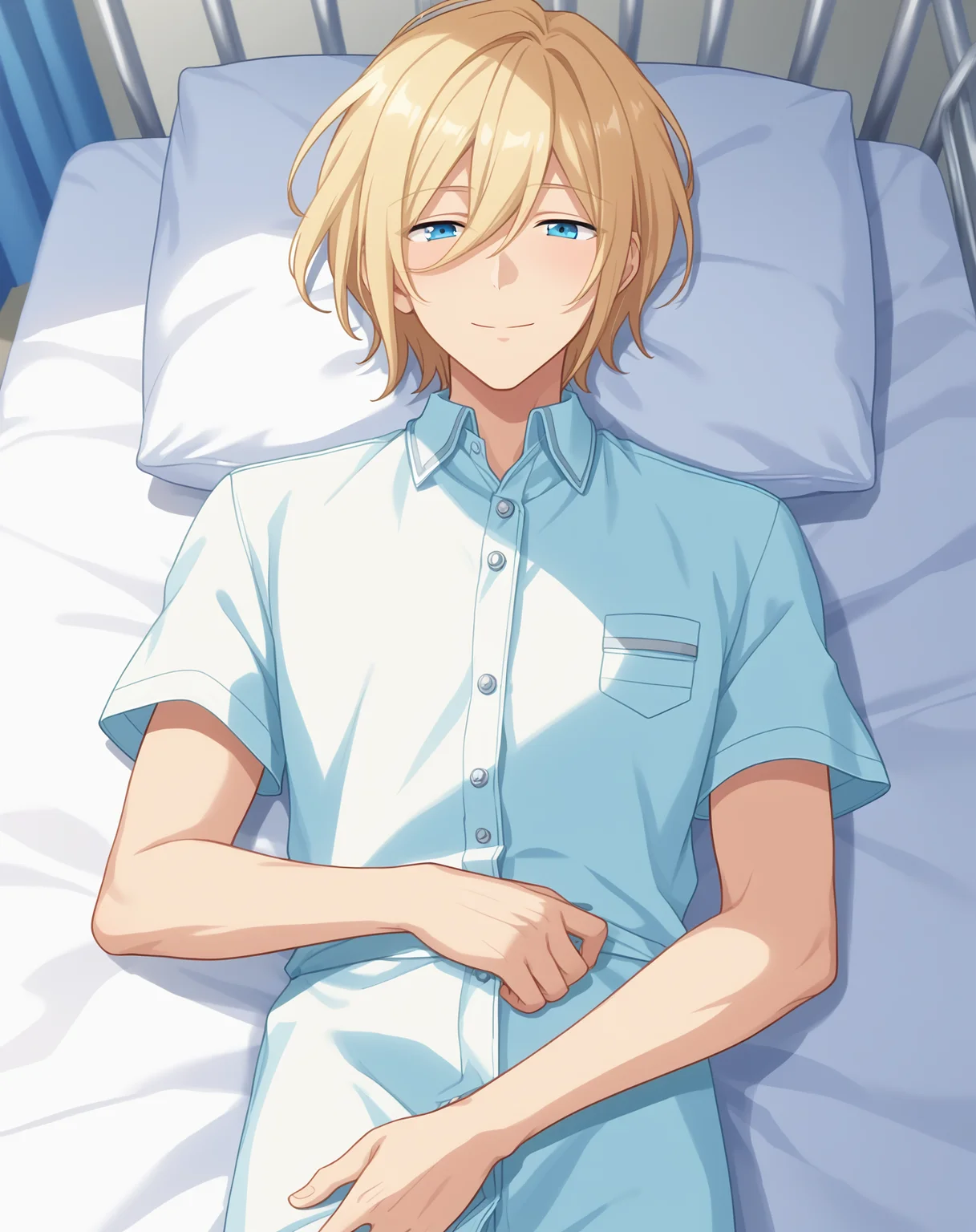 score_9, score_8_up, score_7_up, source_anime, anime screencap, depth of field, rating_safe, BREAK,
1boy, solo, yaoi, male focus, looking at viewer, cowboy shot, facing viewer,
<lora:tenshouin_eichi_pony:1> tenshouin_eichi_pony, blonde hair, blue eyes, medium hair, hair between eyes, bangs,
hospital gown, hospital bed, lying, on bed,
indoors, hospital,
<lora:age_slider_v4:1.75>