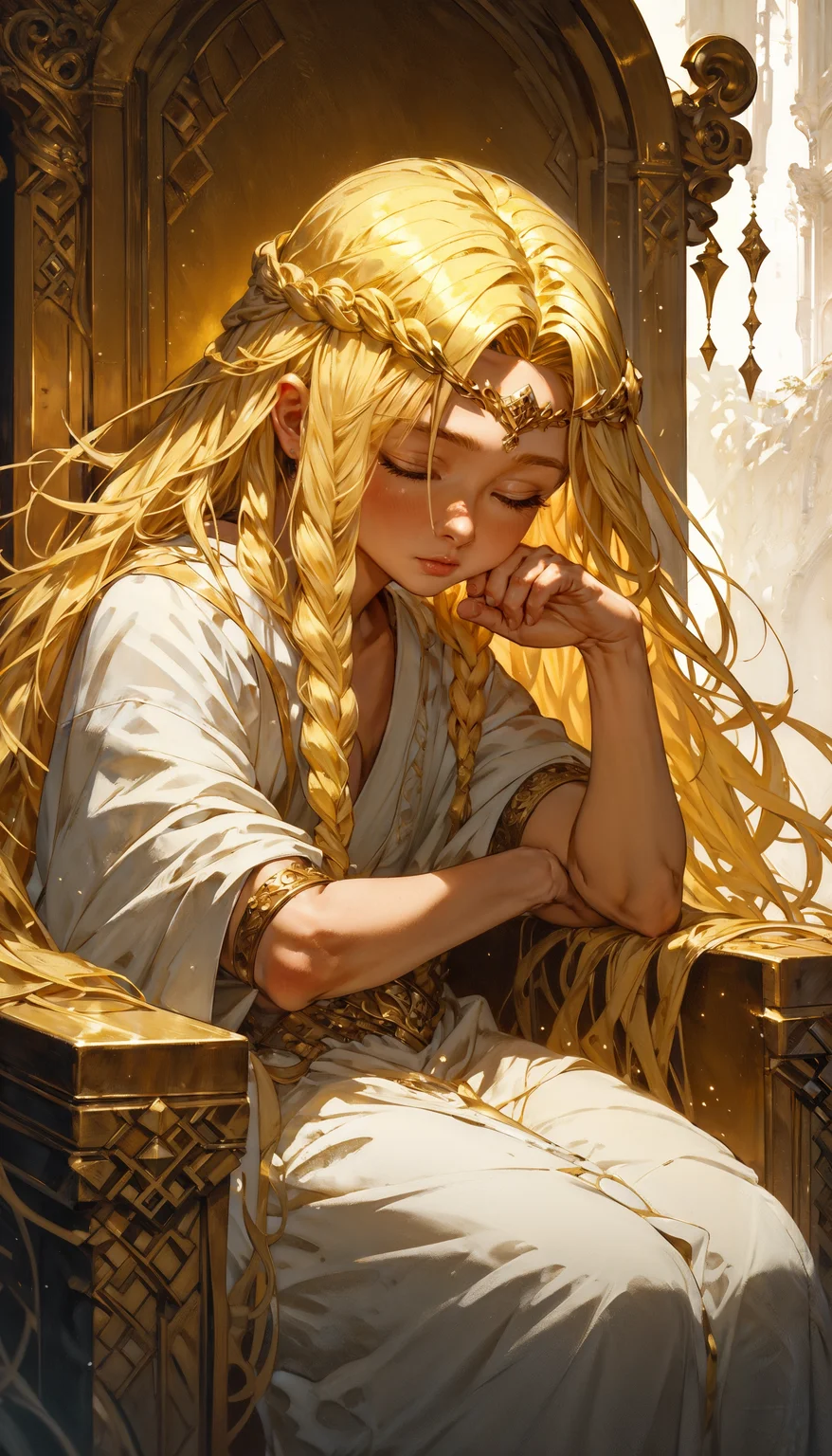 score_9, score_8_up, score_7_up, 1boy,solo focus,solo, miquella, blonde hair,crown braid,multiple braids,yellow eyes, white robe, gold armlet,circlet, sitting on a throne, sleeping, cute, soft lighting, divine light, <lora:Expressive_H-000001:0.8>, expressiveH <lora:Fant5yP0ny:0.9> <lora:Pony_DetailV1.0:0.9> <lora:miqeulla:0.8>