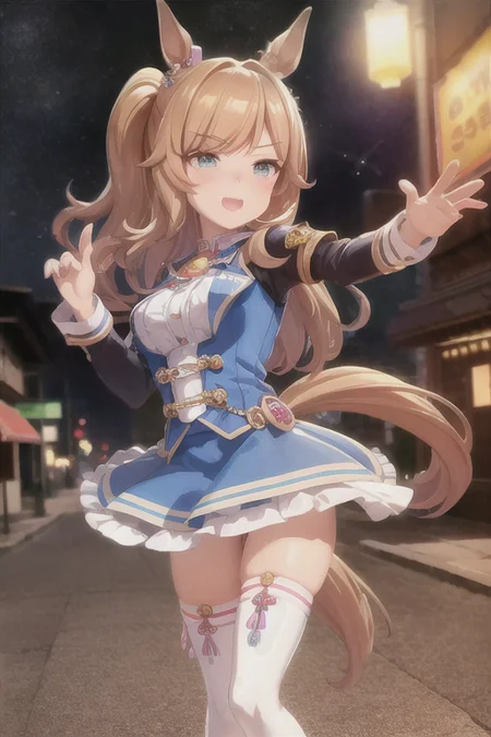 masterpiece,best quality,<lora:UmaMusumePrettyDerby_umms:1>umms,(horse ears, horse girl,:1.2) (horse tail,:1.3) ,full body
road, soft light,detailed lighting,cinematic light,neon lights,street lamp,shop,colorful startrails,
detailed face,1girl,solo,hair bangs,hair clip,happy face,{{super detailed skin}},
{{wear armor}}, thigh boots,, detailed boot,gems, jewellery,badges,shackles,lots of gems, lots of badges,