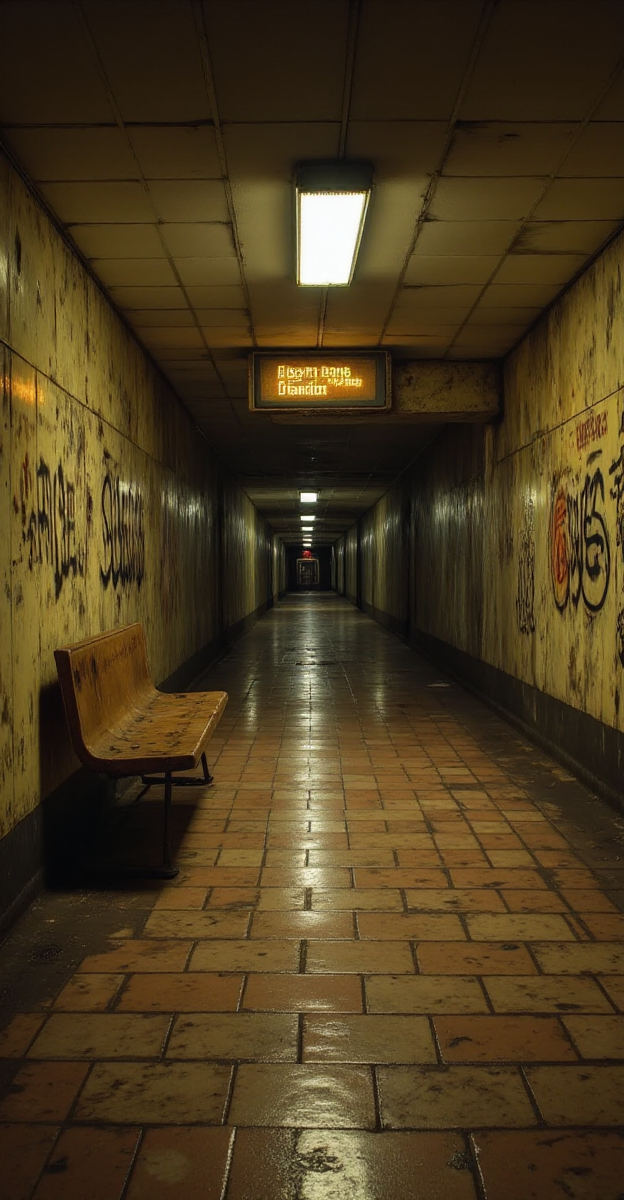 A dark, empty subway platform extends into the void, its tiles cracked and damp. The dim overhead lights cast a sickly yellow glow, barely illuminating the peeling walls covered in forgotten graffiti. A single bench sits in the middle, its metal frame rusted, its surface damp from condensation. The arrival board flickers, displaying a train that will never come. A faint breeze brushes past, yet the tunnels remain silent. No footsteps, no distant train soundsâonly the oppressive stillness, as if the station is waiting for passengers who will never arrive.
<lora:Liminal-Space-Flux:1>
