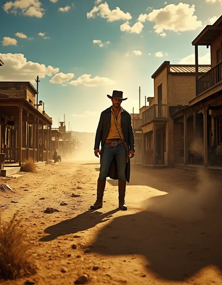 Imagine an image of a lone gunslinger standing in the middle of a desert town, dust swirling around their boots.