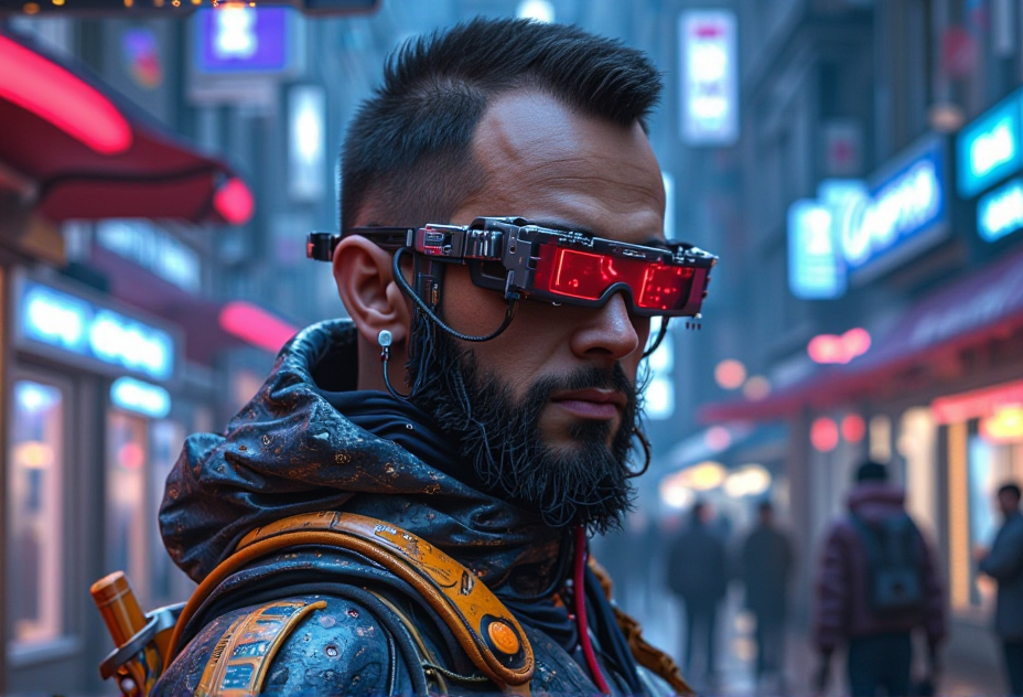 A medium shot of a cyberpunk character in a bustling neon cityscape . The scene is highly detailed and realistic, capturing the essence of dystopian  aesthetics, with intricate elements like metallic structures .<lora:bv-cybstyenh-v1.safetensors:1.0:1.0>