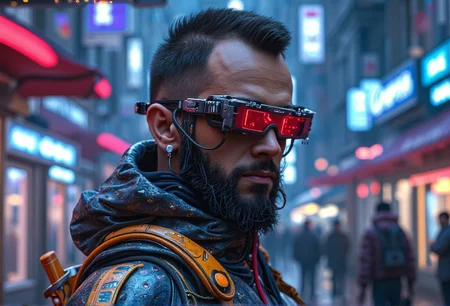 A medium shot of a cyberpunk character in a bustling neon cityscape . The scene is highly detailed and realistic, capturing the essence of dystopian aesthetics, with intricate elements like metallic structures .<lora:bv-cybstyenh-v1.safetensors:1.0:1.0>