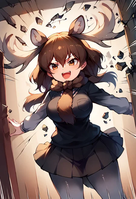 1girl, ((solo)), best quality, ultra-detailed, extremely detailed, perfect anatomy, masterpiece, score_9, score_8_up, score_7_up, Expressiveh, moose (kemono friends), antlers, animal ears, brown eyes, brown hair, tail, hair between eyes, shirt, long sleeves, vest, pleated skirt, black skirt, scarf, grey pantyhose, shoes, breast pocket, NokotanEnteringClassroom, broken wall, stone, (pantyhose:1.1), medium breasts, thick thighs, wide hips, fully clothed, motion lines, speed lines, open mouth smug smile, confident look, smug look, glaring, cute look, excited, eager, dutch angle, (gigantic antlers:1.3), action pose,