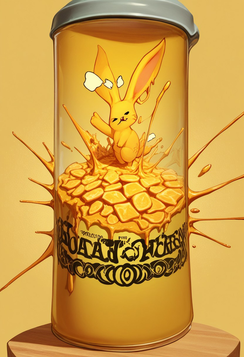 Liquified Carbuncle, final fantasy xiv, carbuncle in a food processor, meme, parody, no humans, animal focus,  rabbit ears, yellow theme,liquid, paint splatter, BREAK ,score_9, score_8_up, score_7_up, score_6_up, score_5_up, score_4_up,