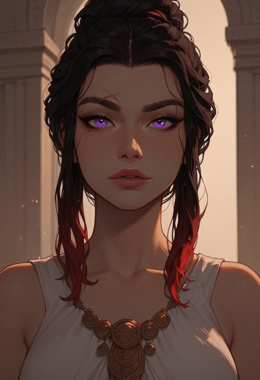 (score_9, score_8_up, score_7_up). ( line work, excellent drawing, highest quality, extremely detailed:1.2). 1woman, milf, Greek Goddess Nemesis, villain, perfect face, beautiful violet eyes, dark hair, bun, dyed red tips, dyed red streaks, long lashes, (split eyebrow), thin eyebrow scar, glossy lips, seductive expression, femdom, dynamic angle, ancient greek dress, g0thicPXL, romantic, cinematic lighting, volumetric lighting, source_cartoon, statuesque,