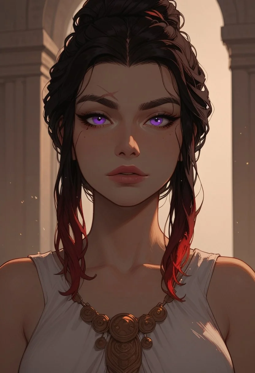 (score_9, score_8_up, score_7_up). ( line work, excellent drawing, highest quality, extremely detailed:1.2). 1woman, milf, Greek Goddess Nemesis, villain, perfect face, beautiful violet eyes, dark hair, bun, dyed red tips, dyed red streaks, long lashes, (split eyebrow), thin eyebrow scar, glossy lips, seductive expression, femdom, dynamic angle, ancient greek dress, g0thicPXL, romantic, cinematic lighting, volumetric lighting, source_cartoon, statuesque,