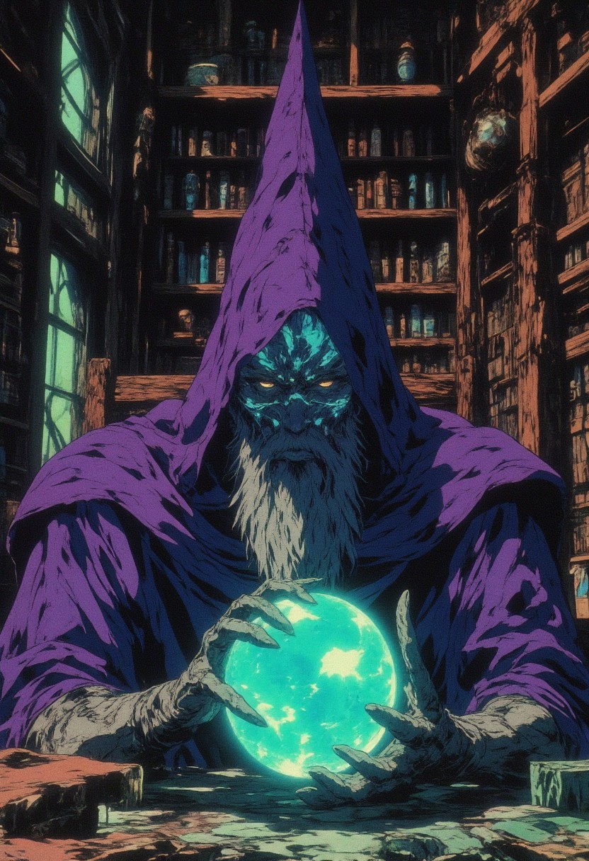 In the dark corner of his ancient study where walls are aligned with books and tombs of ancient knowledge sits a wizard. He gazes upon his crystal ball that glows with a turquoise splendor. His deep purple robes hiding his visage. A long grey beard show the extend of his wisdom to the world. His face lit up from his crystal ball. The room itself is aglow with a feint eerie lime green glow that eminates from off screen. anime, cyberpunk, ne0nfant4sy, style of Edwin Austin Abbey, Anime style