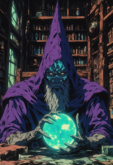 In the dark corner of his ancient study where walls are aligned with books and tombs of ancient knowledge sits a wizard. He gazes upon his crystal ball that glows with a turquoise splendor. His deep purple robes hiding his visage. A long grey beard show the extend of his wisdom to the world. His face lit up from his crystal ball. The room itself is aglow with a feint eerie lime green glow that eminates from off screen. anime, cyberpunk, ne0nfant4sy, style of Edwin Austin Abbey, Anime style