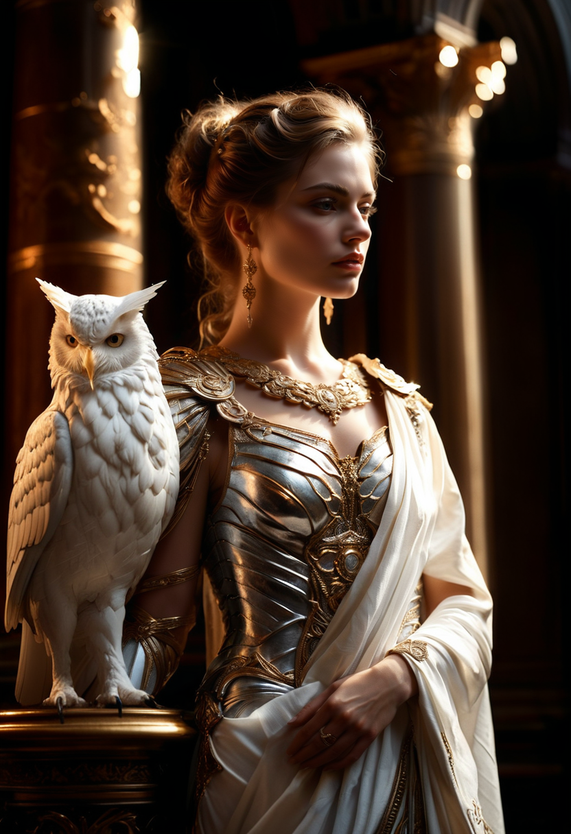 "Rembrandt" fantasy setting, overwhelmingly beautiful ancient Roman goddess, symbols of wisdom and warfare, radiant, timeless elegance, Minerva, wise and determined expression, standing in a grand library, slim, ethereal, supermodel, wearing a slim fitting Roman armor over a white stola dress, detailed skin, skin pores, detailed face,, owl perched on her shoulder, celestial, oil painting, intricate skin, realistic, photorealistic, rim lights, dark shadows, cinematic scene, ultra-detailed, very aesthetic.
<lora:Rembrandt Lighting Style:0.7> Rembrandt lighting style  <lora:add-detail-xl:1> 
. digital artwork, illustrative, painterly, matte painting, <lora:TQCelestialFantasy:1> TQCelestialFantasy