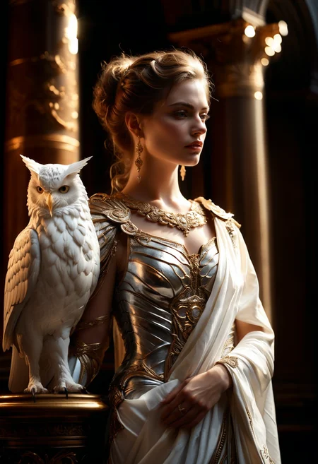 "Rembrandt" fantasy setting, overwhelmingly beautiful ancient Roman goddess, symbols of wisdom and warfare, radiant, timeless elegance, Minerva, wise and determined expression, standing in a grand library, slim, ethereal, supermodel, wearing a slim fitting Roman armor over a white stola dress, detailed skin, skin pores, detailed face,, owl perched on her shoulder, celestial, oil painting, intricate skin, realistic, photorealistic, rim lights, dark shadows, cinematic scene, ultra-detailed, very aesthetic.
<lora:Rembrandt Lighting Style:0.7> Rembrandt lighting style <lora:add-detail-xl:1>
. digital artwork, illustrative, painterly, matte painting, <lora:TQCelestialFantasy:1> TQCelestialFantasy