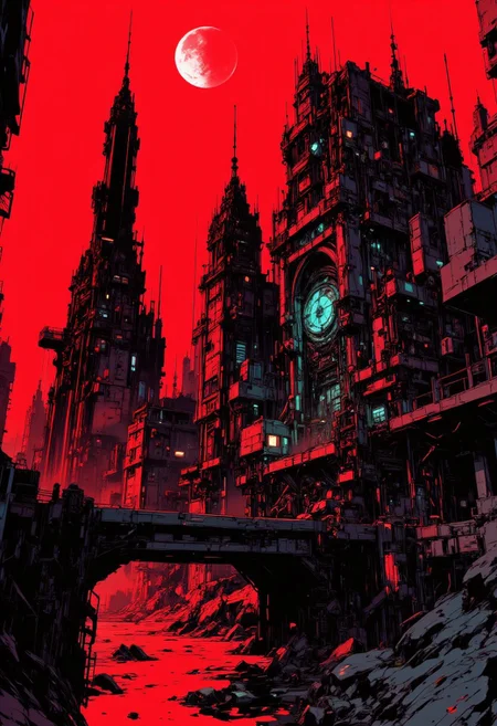 CAICO, nvinkpunk black and red theme, detailed image, This is a digital artwork in the style of ckgr, the image is featuring a sci-fi cityscape of colossal buildings and towers, black and gunmetal grey alloy surfaces with high-end circuitry, red glowing diodes and lights, large depth of field. The sky is an ominous red, with a moon hanging low in the horizon