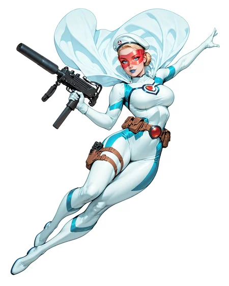 solo, (full body shot, wide shot:1.2), 1girl, (30 year old Russian woman:1.2), beautiful female cyborg spy, fair skin, (white with light blue accents superhero bodysuit with armor padding:1.3), white body armor vest, thigh pistol holsters, white cloak, white military beret, cyborg, cybernetic seams, utility belt, blue eyes, epic red visor, blonde hair, hair bun, white arm length gloves, slim waist, (toned body:1.1), (large breasts:1.2), wide hips, ultra detailed face, (blue lips:1.2), confident closed mouth smile, strong jaw line, white thigh high superhero boots, (shooting a mac-10 machine pistol with a suppressor:1.2), white background, (dynamic pose, dynamic composition, dynamic angle:1.2), digital painting, masterpiece, best quality, very awa, absurdres, 8k, comic art style, detailed,
ArsMJStyle, Colored pencil hyperdetailed realism, masterpiece, very aesthetic, G0thicL1nes, C0M1C5 Style, c0m1c5 style, (borderless), cgstyle, SUP3RH3R0 Style, sup3rh3r0 style, comic art style, C0M1C5 Style, c0m1c5 style, SMG-0
