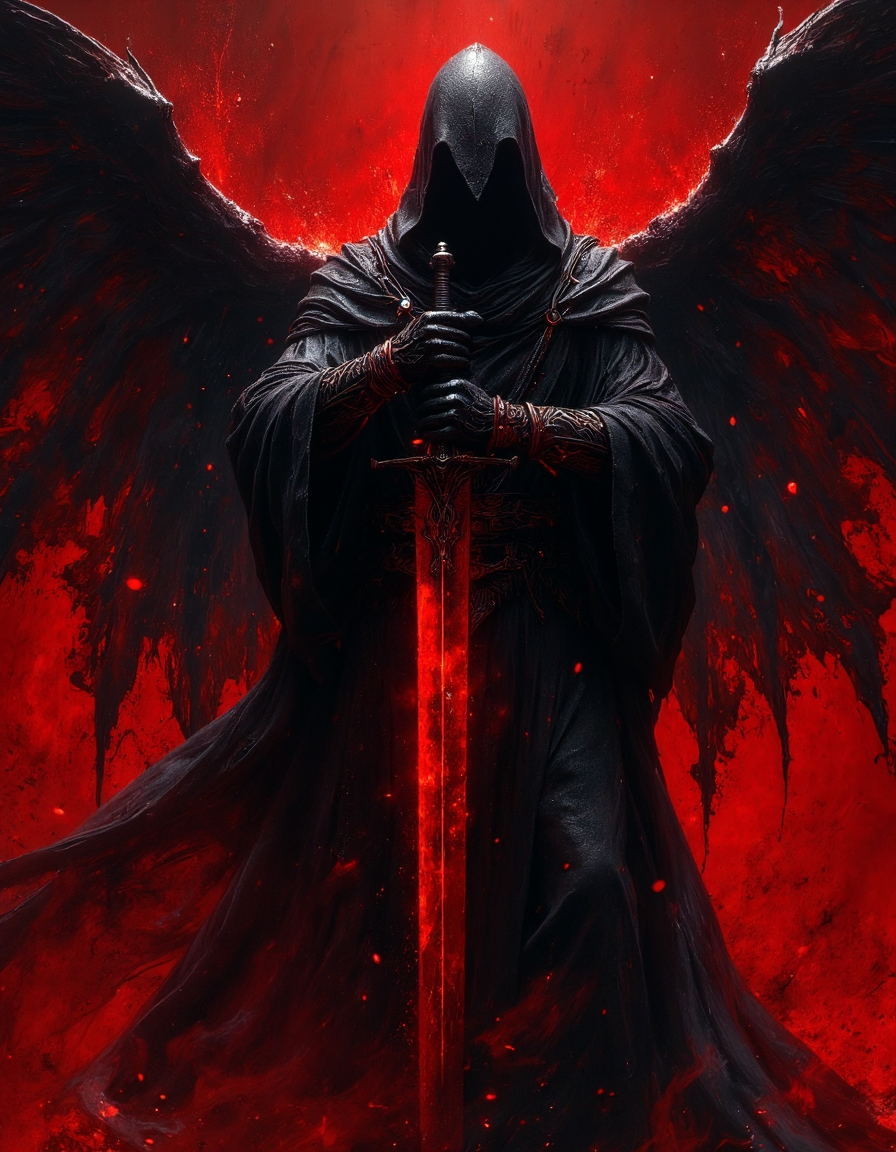 highly detailed cinematic scene, Dark, stylized figure with large wings, holding a long, blood-red sword.  Imposing figure of a dark entity, shrouded in dark, textured wings.  Vigorous, dramatic sword thrust, with rich black hues reflecting the intense red lighting.  Intense, dark and chaotic environment, with swirling and splattered dark, blood-red hues. Extreme close-up perspective on the figure and weapon, emphasizing details.  Abstract, expressive style; painterly strokes and texture create a dramatic, visceral impact.  Aggressive, violent subject, conveying a powerful and emotive mood.  Atmospheric and moody style, evoking feelings of danger and ominous power.  Dark, painterly, and layered, with contrasting dark and red tones against a background of blood-red and black splatters.  High contrast, emphasizing the contrast between the black figure and the red surroundings, shallow depth of field, vignette, bokeh, moody, epic, gorgeous, film grain, grainy, hkmagic, <lora:FantasyWizardWitchesFluxV2-000001:0.9>, <lora:Dever_Flux_Enhancer:0.4>, <lora:Elden_Ring_-_Yoshitaka_Amano:0.4>