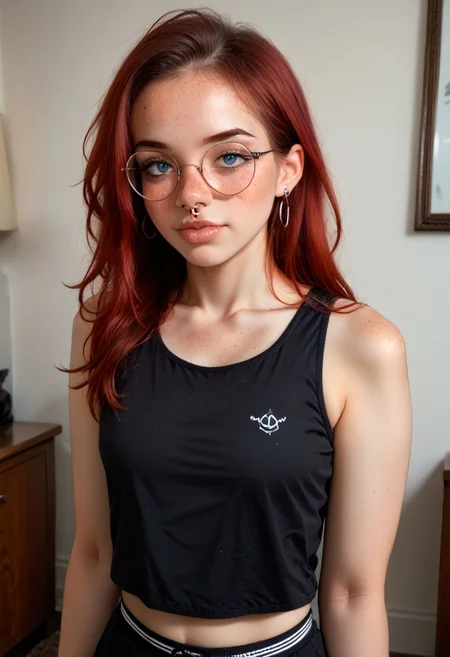 1girl, qc, /claire/, sexy, red hair, blue eyes, small breasts, skinny, collarbone, freckles, round eyewear, glasses, ((septum piercing, plug earrings, nose ring,)), tank top