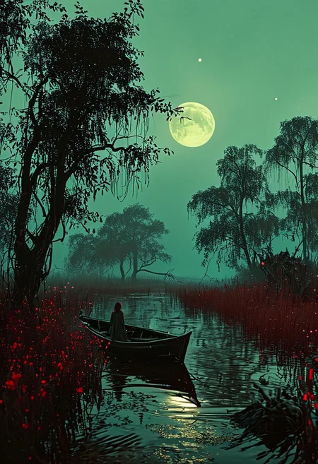 linquivera,  Ink illustration, (anime:0.5), brown tones, aged black red paper, inkpunk, moonlight,surreal, a ghost standing on a boat in swampy wetlands, (at a distance), Will-o'-the-wisp, moonlit, lonely, solitude, windy, tall trees, willows, willowy,  OverallDetail, extremely detailed, UHD,(long exposure , dystopian but extremely beautiful:1.4),<lora:- SDXL - letitflrsh_let_it_flourish_V1.0:0.8> ,<lora:Cute_Collectible:1>, <lora:XL_boss_battle:0.6>  <lora:add-detail-xl:1>,  <lora:Concept Art Twilight Style SDXL_LoRA_Pony Diffusion V6 XL:1>,  <lora:MJ52:1>