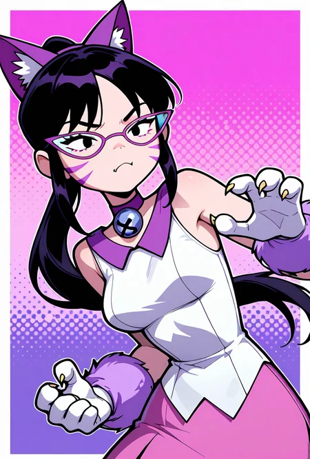 <lora:nyancychan-10:1> nyancychan, black hair, 1girl, long hair, cat ears, purple glasses, claws, gloves, neck bell, purple choker, whisker markings, ponytail, pink skirt, sleeveless, sharp canines, dynamic pose,, masterpiece, best quality, amazing quality, very aesthetic, absurdres, newest,, upper body, halftone effect, white borders, abstract background:1.2,