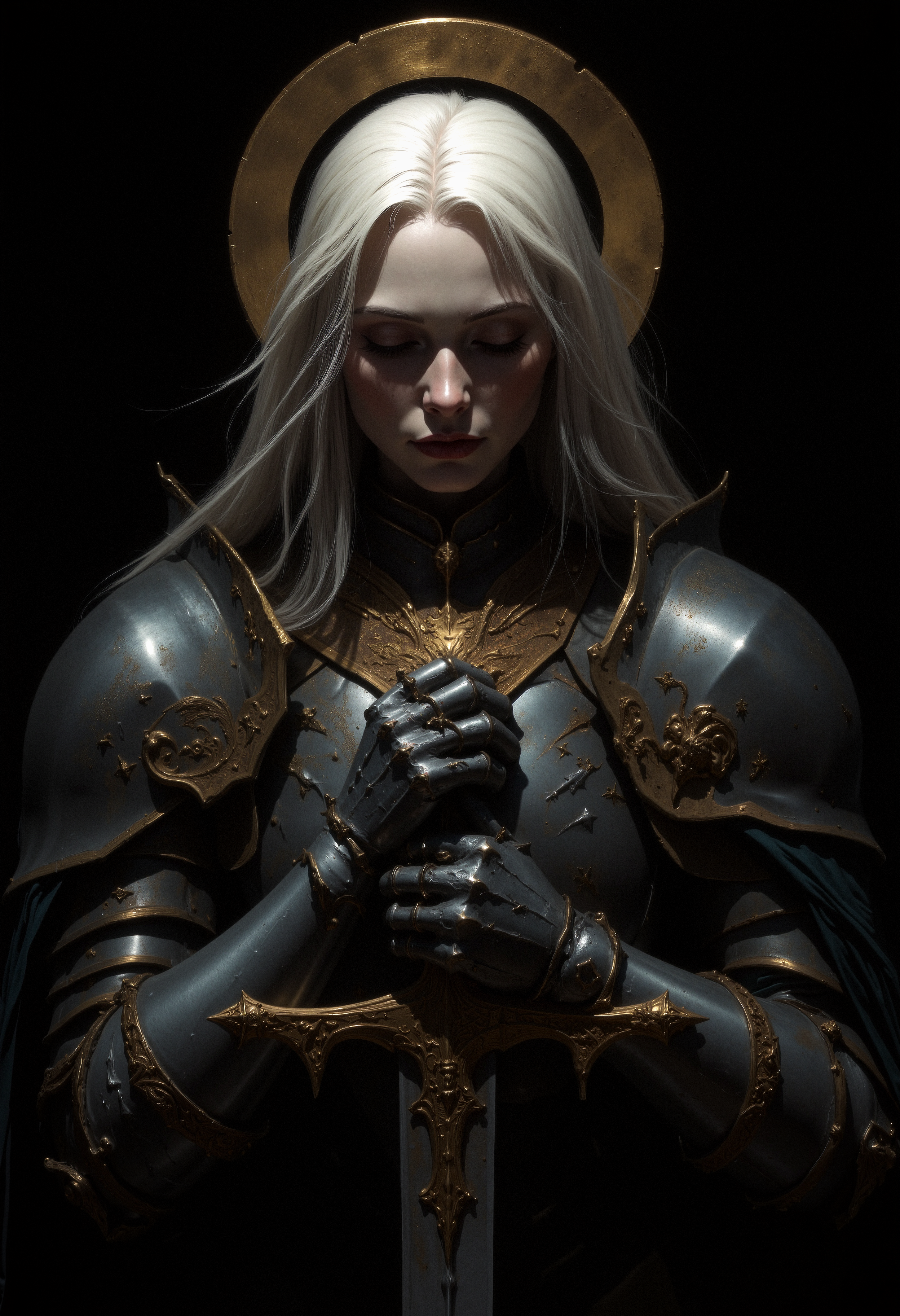 A close-up of a white-haired female knight in polished silver armor. Her head is slightly tilted back, and her eyes are closed as if in deep contemplation or prayer. She holds the hilt of a sword with both hands, the blade pointing downwards. The sword has intricate golden details on the guard and pommel. A golden halo hovers behind her head, adding a divine, holy feel to the image. The lighting is soft but focused on her face and the sword, creating a serene and reverent mood. The background is completely black, adding contrast and emphasizing the figure.    <lora:dark_fantasy_flux:0.83> <lora:FredFraiStyle-FLUX-Share:0.63> <lora:sxz-Dark-Fantasy-v2-Flux:0.33> drkfnts style,