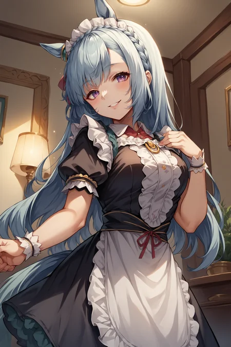 score_9, score_8_up, score_7_up, , rating_general ,1girl , ards, long hair, crown braid, horse ears, ear ornament, horse tail, maid, maid headdress, maid apron, dynamic angle , source_anime    ,  cowboy shot, indoors, naughty face, smile, night, indoors, <lora:ArdanPDCAME UMA:1>