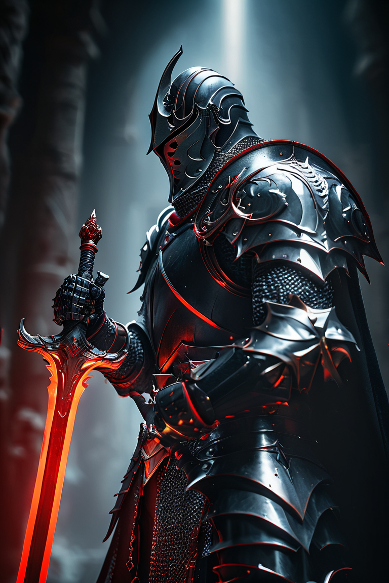 Cinematic shot of a knight wearing a black armor, holding red glowing sword by the handle, sword pointing down, dark dungeon in background, reflective light, HKStyle, HD, masterpiece, best quality, hyper detailed, ultra detailed, super realistic