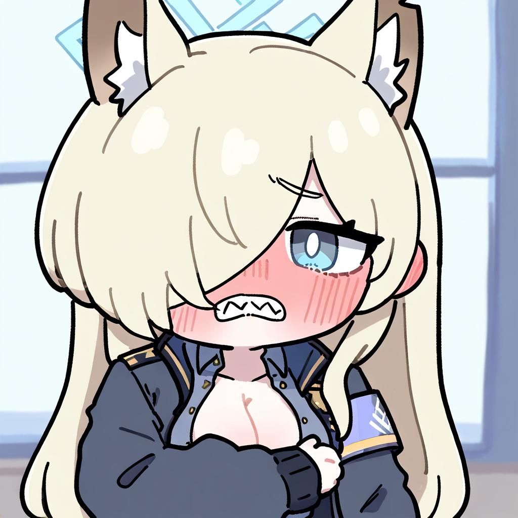 1girl, kanna \(blue archive\), chibi, chibi, solo, embarrassed, from front, teeth, looking to the side, shy, full-face blush, one hand covering breasts, white pupils, floating hearts, indoors, cleavage, unbuttoned, upper body, best quality, amazing quality, best finished, <lora:NAImiyao:1>